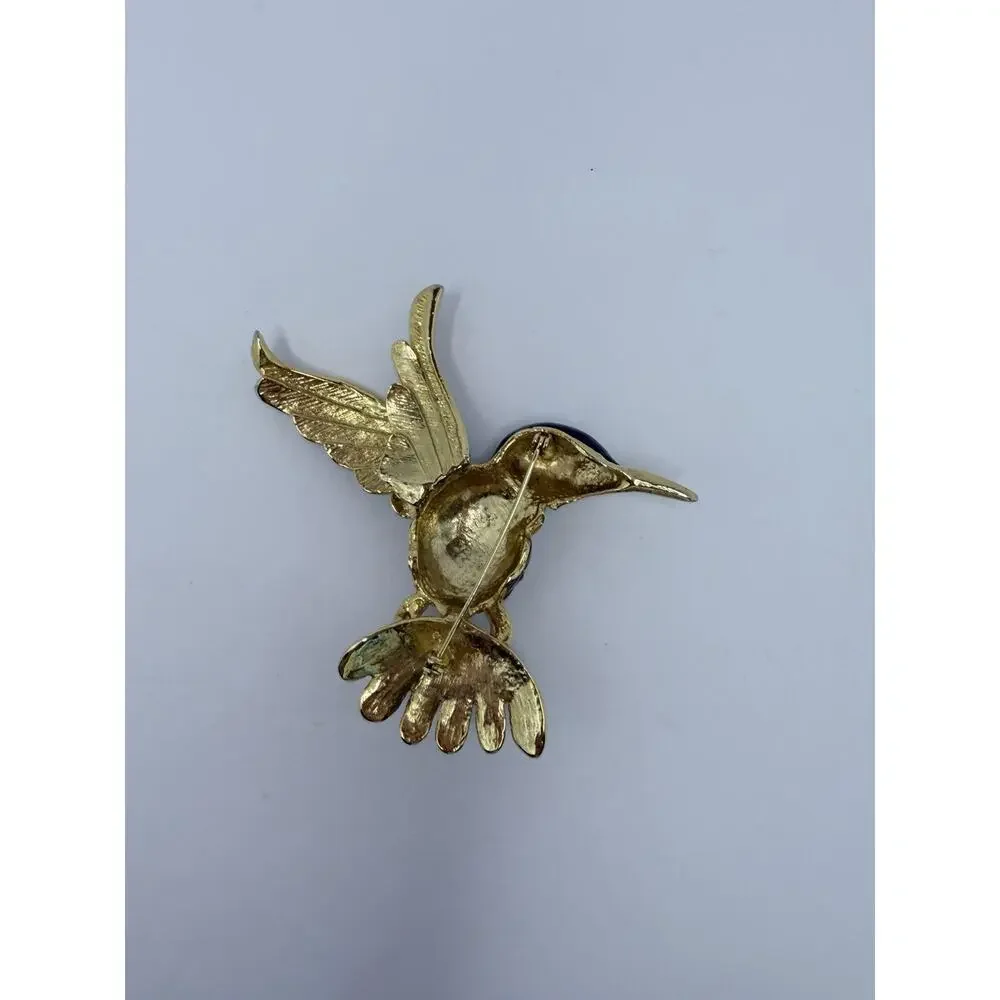 Vintage Hummingbird Statement Brooch Pin Gold Green Blue Rhinestone Cottage Core